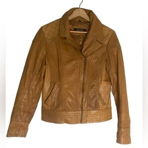 Guess Womens Tan Camel Soft Leather Moto Motorcyle Zip up Leather‎ Bomber Jacket